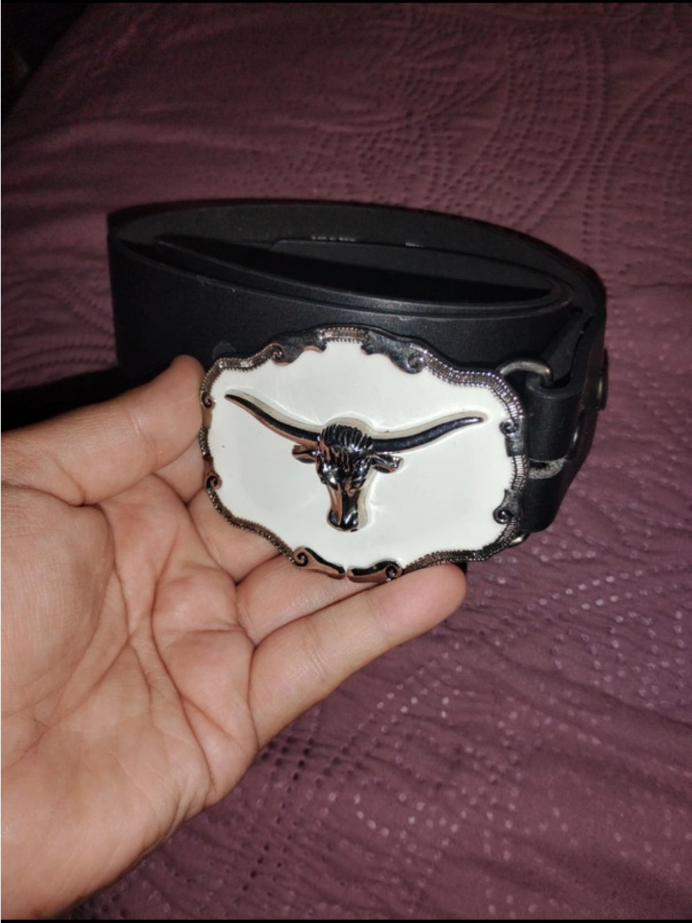 Black Genuine Leather Western Belt M - Longhorn Buckle - Snap On, Interchangeabl